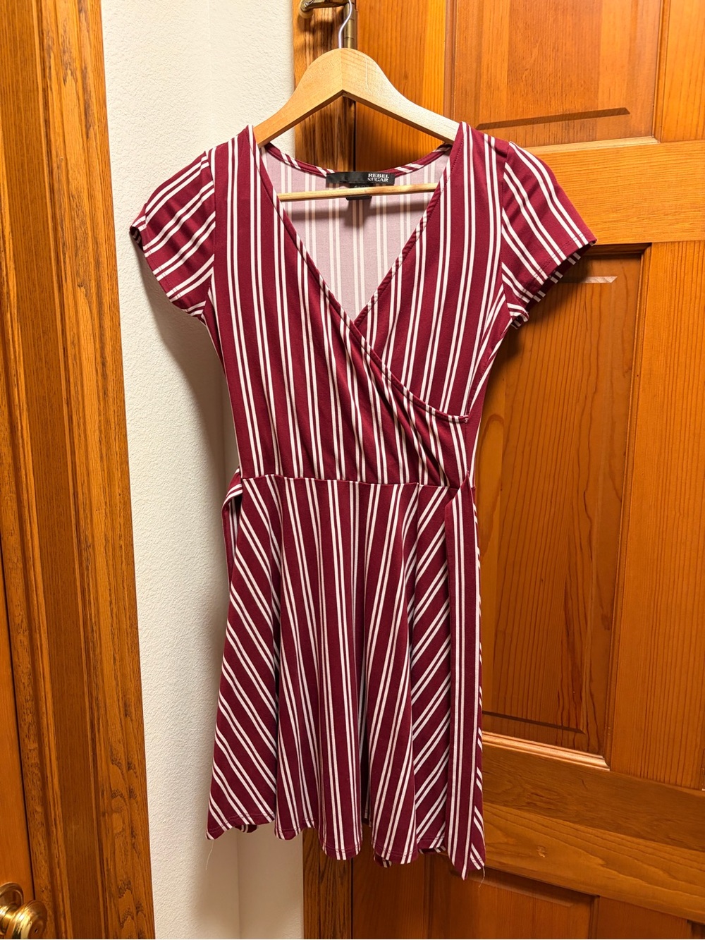 Rebel Sugar Burgundy and White Striped Wrap Dress